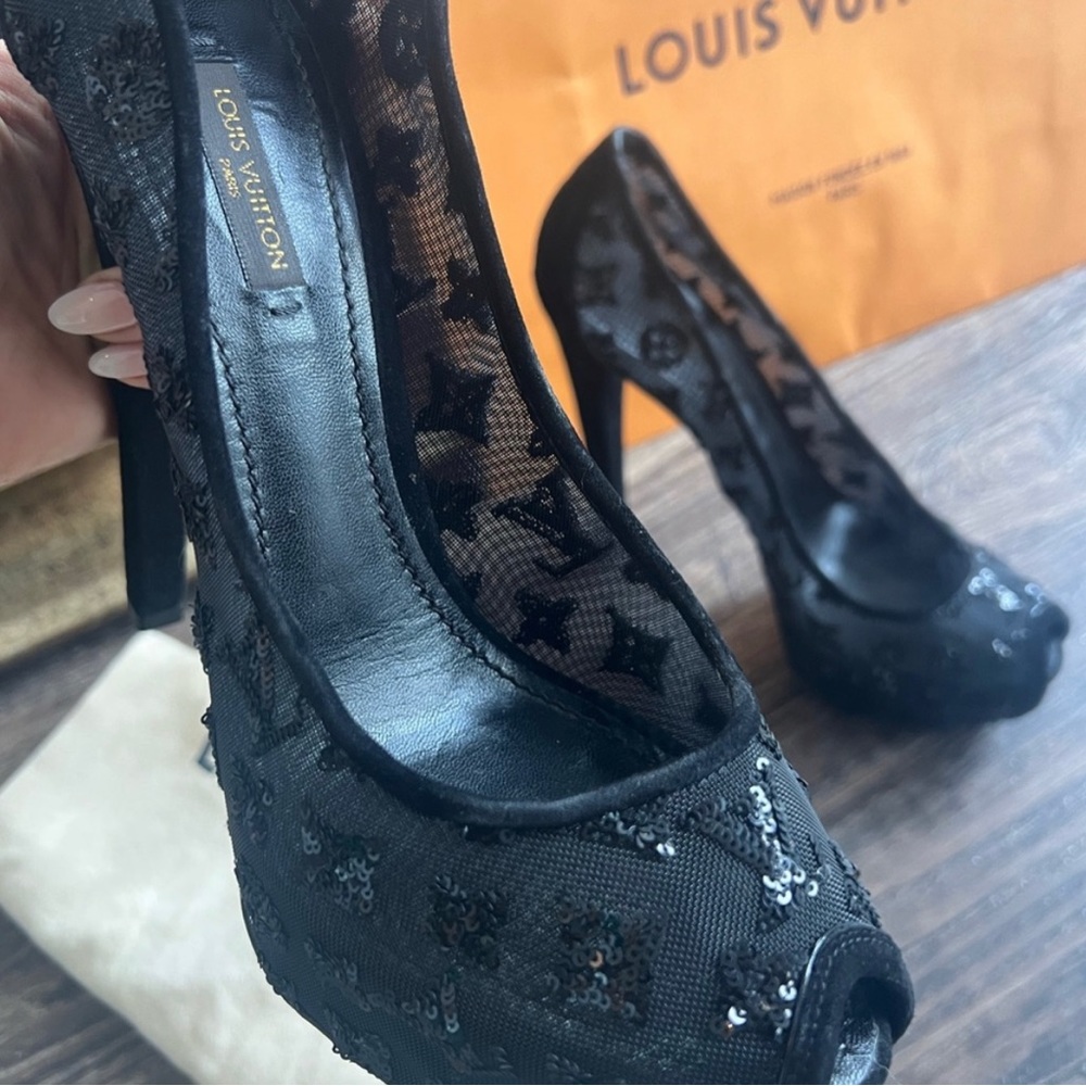 Louis Vuitton Black Sequin Peep-Toe Heels